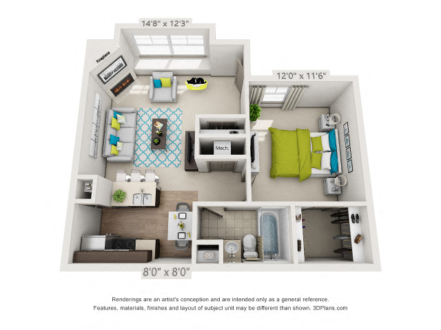 Floor plan for 1 bed, 1 bath, 617 sqft